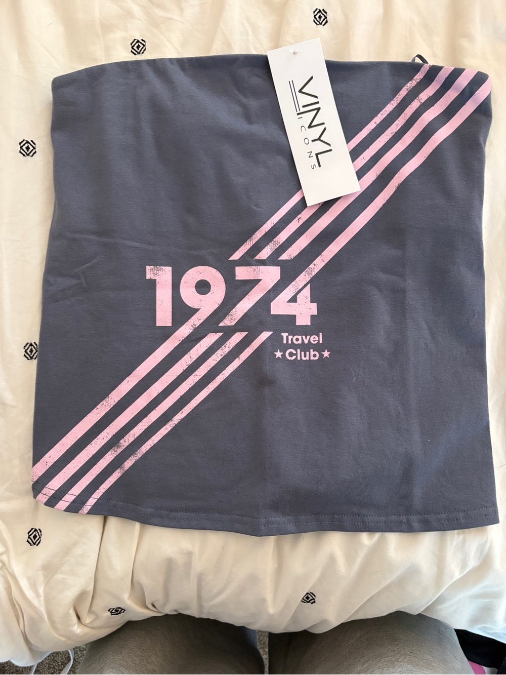 Vinyl Icons Navy Strapless Crop Top with Pink 1974 Graphic